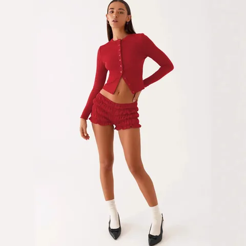 Cárdigan Corto de Punto de Canalé Sexy para Mujer Top de Manga Larga Ajuste Estrecho Color Sólido Moda