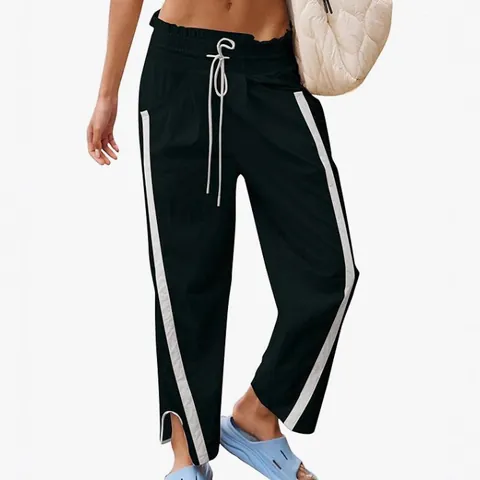 Women Casual Polyester Spandex Sweatpants Y2K Retro High Waist Side Stripe Drawstring Side Slit Straight Leg Track Bottom