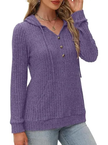 Women Casual Loose Ribbed Knit Hoodie Long Sleeve V-Neck Button Front Pullover Sweater With Kangaroo Pocket Fall Winter Top