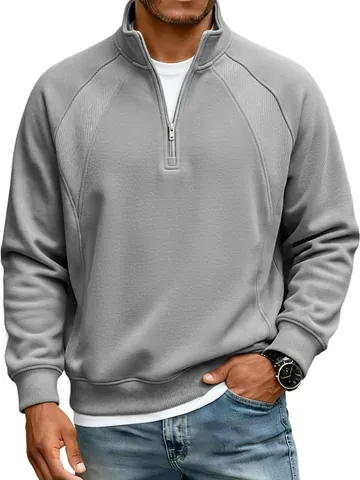 Men Casual Half Zip Stand Collar Sweatshirt Raglan Sleeve Loose Fit Pullover Top Solid Color Spring Autumn Polyester Sporty Long Sleeve Outerwear