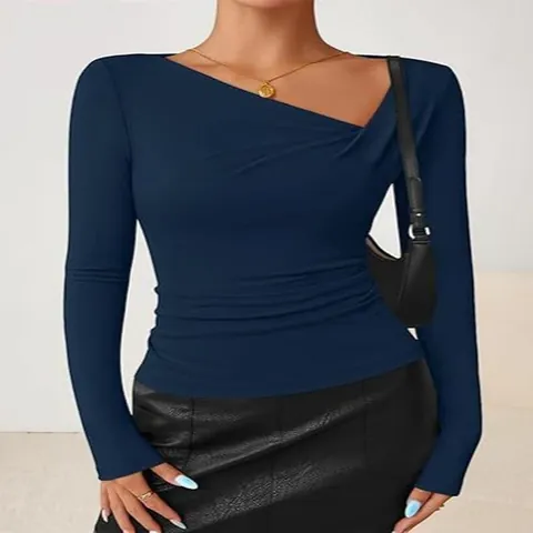 Women Casual Cotton Slim Fit Irregular V Neck Ruched Long Sleeve T-Shirt Autumn Chic Base Layer Top