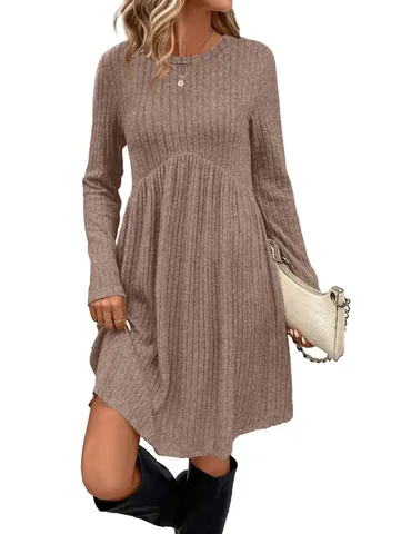 Women Long Sleeve Round Neck High Waist Ribbed Knit Dress With Pockets Elegant Solid Color Pullover A-Line Mini Dress