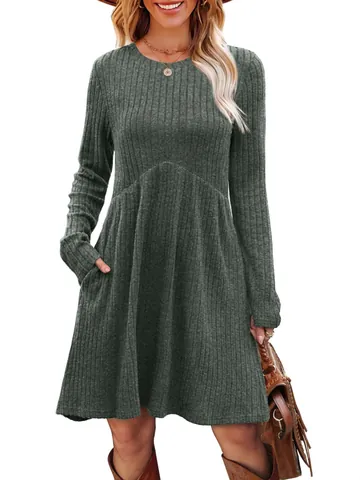 Women Bohemian Ribbed Long Sleeve Dress Crew Neck Solid Color Midi Dress With Pockets Casual Autumn Winter Polyester Dress