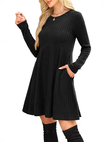Women Bohemian Ribbed Long Sleeve Dress Crew Neck Solid Color Midi Dress With Pockets Casual Autumn Winter Polyester Dress