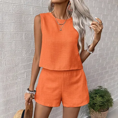 Women Casual Two Piece Set Solid Color Sleeveless Round Neck Top And High Waisted Shorts Set Summer Fashion Breathable Outfit
