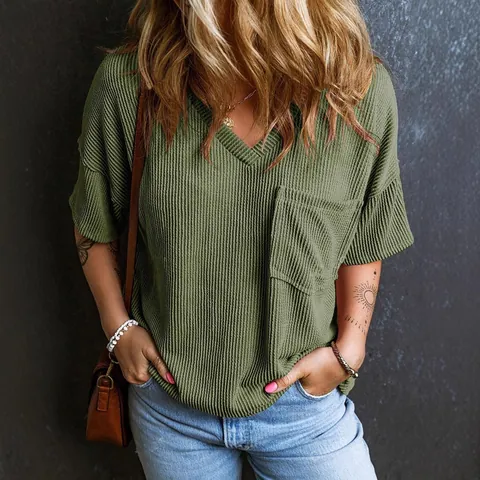 Top da Donna Casual Scollo a V Manica Corta in Maglia a Nido d'Ape Misto Cotone Poliestere Vestibilità Larga Maglietta Estiva Con Tasca Tinta Unita Streetwear