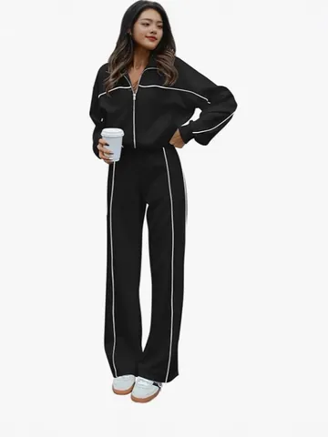 Women Cotton Tracksuit Top And Bottom Lapel Zipper Sweatshirt Wide Leg Pants Contrasting Stripe Sportswear Jogging Outfits