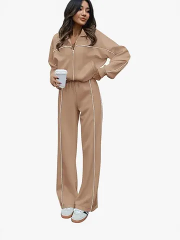 Women Cotton Tracksuit Top And Bottom Lapel Zipper Sweatshirt Wide Leg Pants Contrasting Stripe Sportswear Jogging Outfits