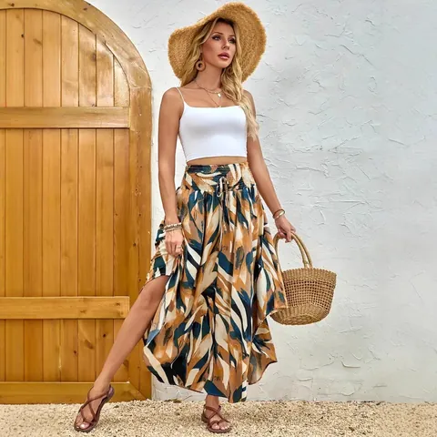 Women Bohemian Print Midi Skirt Summer High Waist A-Line Flowy Skirt For Vacation Tropical Floral Geometric Pattern Skirt