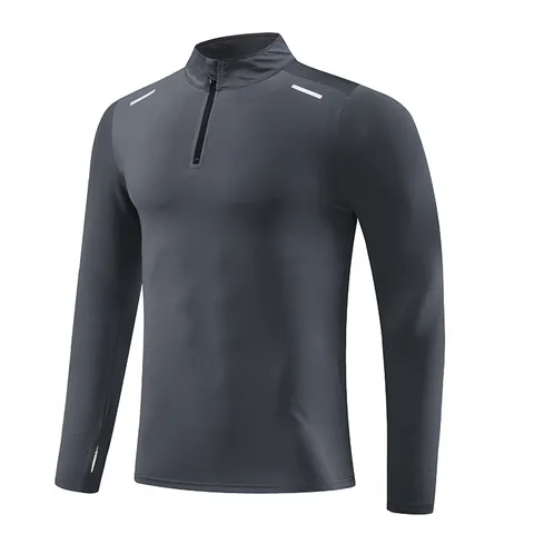 Heren Sneldrogend Lange Mouw Sport T-Shirt Met Opstaande Kraag Halve Rits Reflecterende Strips Hoge Elasticiteit Top Voor Hardlopen Training