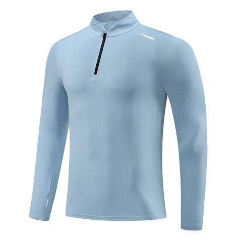 Heren Sneldrogend Lange Mouw Sport T-Shirt Met Opstaande Kraag Halve Rits Reflecterende Strips Hoge Elasticiteit Top Voor Hardlopen Training