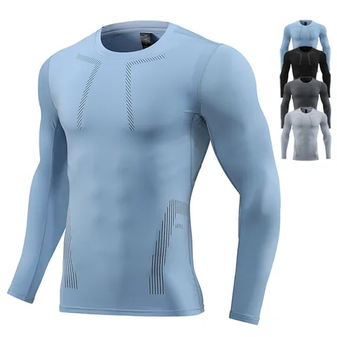 Men Compression Top Long Sleeve Quick Dry Fitness Sports Tight Shirt Polyester Spandex Muscle Training Running Gym Activewear
