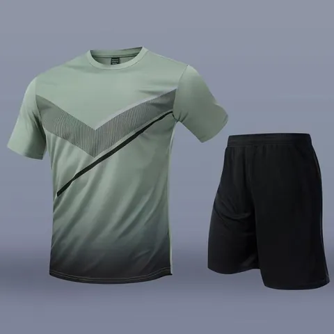 Men Soccer Training Set Quick Dry Breathable Short Sleeve T-Shirt And Shorts Gradient Geometric Pattern Sports Top And Bottom