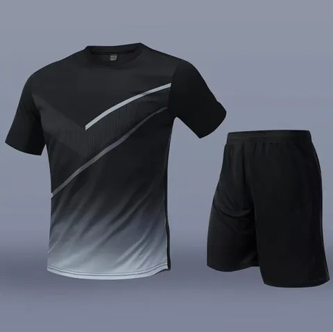 Men Soccer Training Set Quick Dry Breathable Short Sleeve T-Shirt And Shorts Gradient Geometric Pattern Sports Top And Bottom