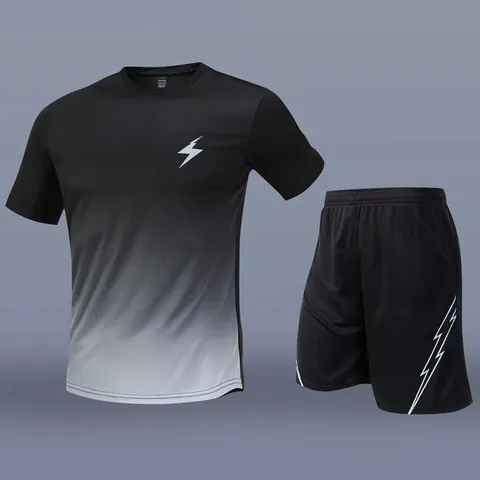 Men's Quick Dry Sportswear Set Short Sleeve Gradient Lightning Print Top And Bottom Running Training Fitness Tracksuit