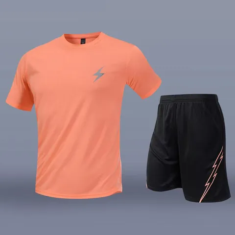 Men's Quick Dry Sportswear Set Short Sleeve Gradient Lightning Print Top And Bottom Running Training Fitness Tracksuit