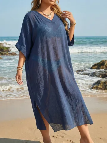 Women Plus Size V-Neck Beach Cover Up Loose Casual Summer Maxi Dress Side Split Kaftan Solid Color Polyester Swimwear Coverup