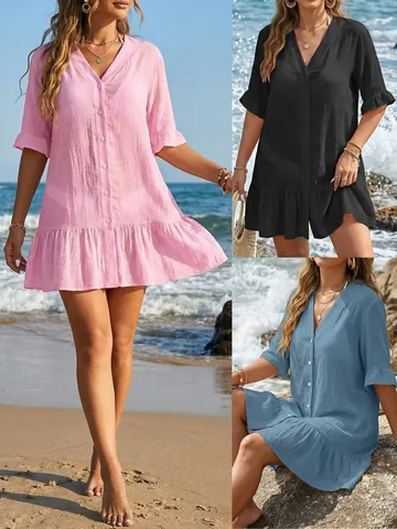 Cubre Traje de Baño para Mujer Cuello en V Volantes Botones Vestido Mini Casual Tela Slub Vacaciones Manga Corta