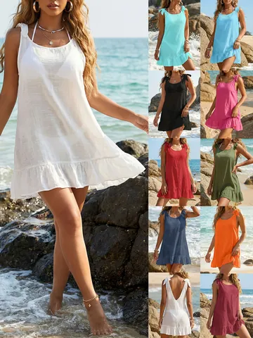 Women Solid Color Ruffle Hem Bikini Cover Up Adjustable Bow Tie Strap Beach Dress Vacation Summer Swimwear Top
