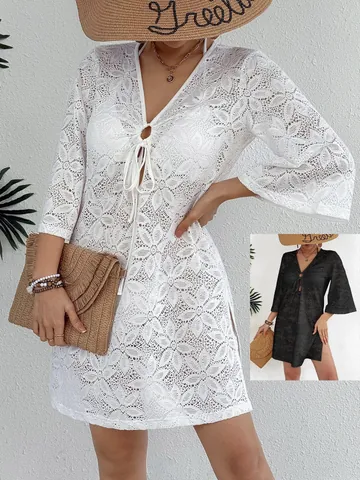 Vestido Playero Sexy de Punto Calado con Cuello en V Profundo para Mujer Cubierta Suelta de Ganchillo para Vacaciones y Ropa de Playa