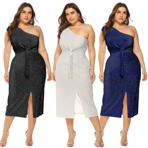 Robe Scintillante à Une Épaule pour Femmes Grandes Tailles Élégante Tricotée Taille à Nœud Fente Robe Midi Sexy Moulante Robe de Soirée Polyester Unie Top