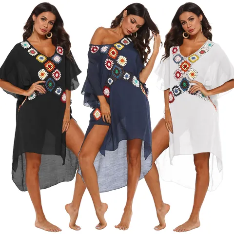 Boho Women Sexy V Neck Crochet Patchwork Beach Bikini Cover Up Irregular Split Hem Dress Summer Casual Polyester Beachwear