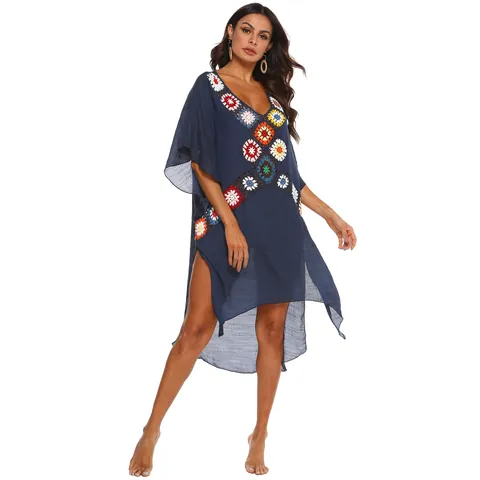 Boho Women Sexy V Neck Crochet Patchwork Beach Bikini Cover Up Irregular Split Hem Dress Summer Casual Polyester Beachwear