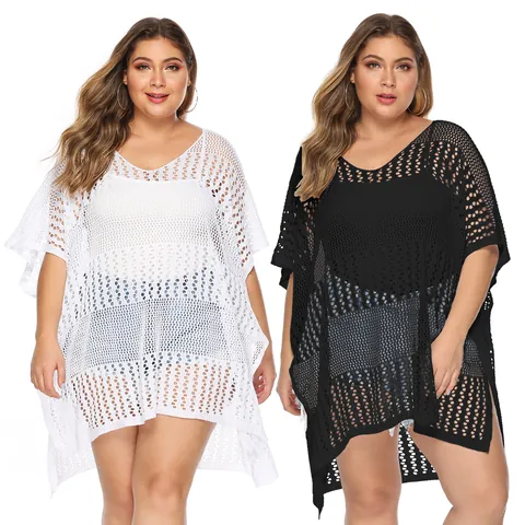 Copricostume Bikini Donna Taglie Forti Sexy Traforato Lavorato a Maglia Tinta Unita Spacco Irregolare Coprispalle Mare Top