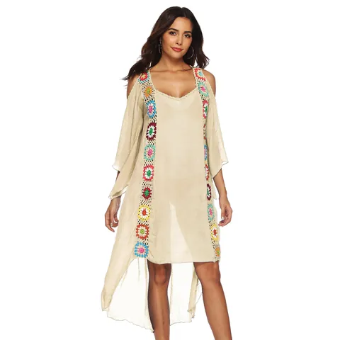 Vestido de Playa Bohemio de Talla Grande para Mujer Patchwork de Ganchillo Hombro Frío Dobladillo Irregular Pareo de Playa
