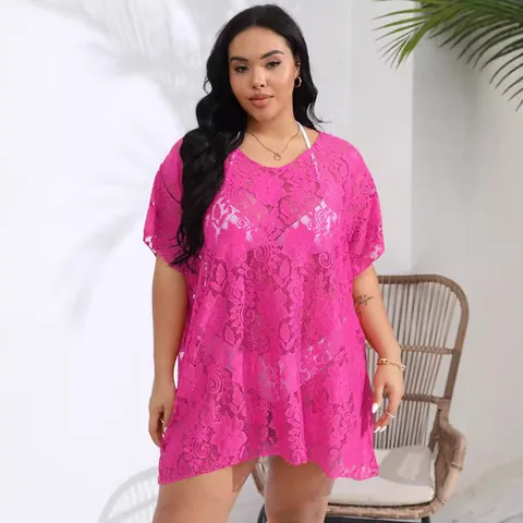 Women Plus Size Sexy Lace Hollow Out See-Through Beach Cover-up V-Neck Side Split Floral Summer Vacation Swimwear Top