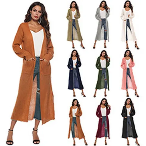 Dames Mohair Mix Lange Cardigan Effen Kleur Geborsteld Gebreide Jas Met Zakken Zijsplit Open Voorkant Streetwear Top