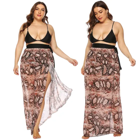 Women Plus Size Snake Print Chiffon Wrap Skirt Asymmetric High Slit Beach Sarong Bohemian Sexy Orange Skirt For Summer