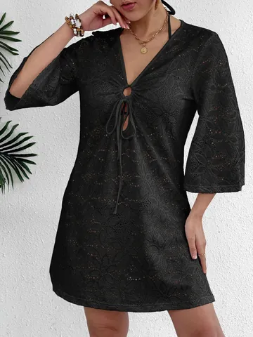 Vestido Playero Sexy de Punto Calado con Cuello en V Profundo para Mujer Cubierta Suelta de Ganchillo para Vacaciones y Ropa de Playa