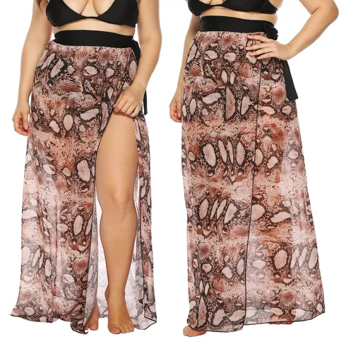 Women Plus Size Snake Print Chiffon Wrap Skirt Asymmetric High Slit Beach Sarong Bohemian Sexy Orange Skirt For Summer