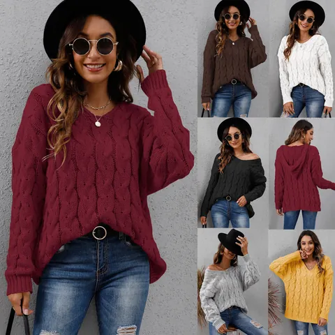 Damen Dicke Zopfstrick Kapuzenpullover Lässig V-Ausschnitt Lockere Langarm Acryl Strickwaren Top Für Herbst Winter