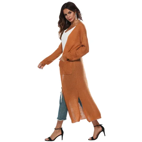 Dames Casual Acryl Gebreid Lang Vest Met Zakken Zijsplit Effen Kleur Lange Mouw Open Voorkant Trui Jas