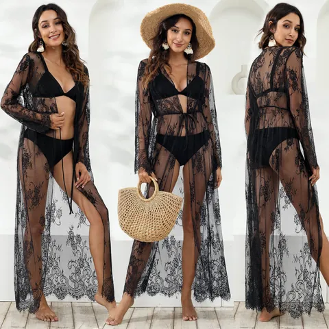 Women Lace Beach Cover Up Embroidered Sheer Long Sleeve Cardigan Tie Up Waist Vacation Sun Protection Top