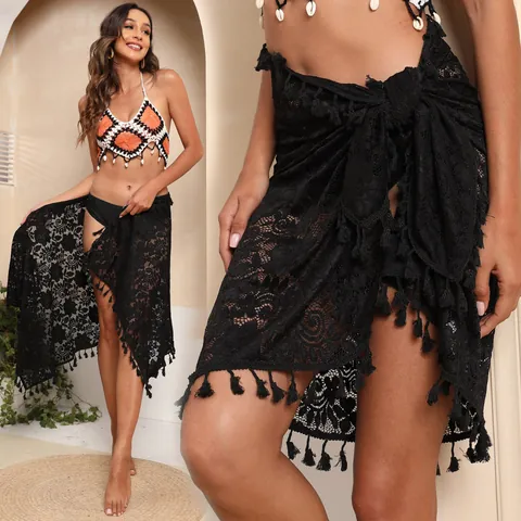 Women Sexy Lace Beach Cover Up Skirt Tassel Irregular Patchwork One Piece Wrap Skirt Sheer Floral Sarong Bottom Swimwear