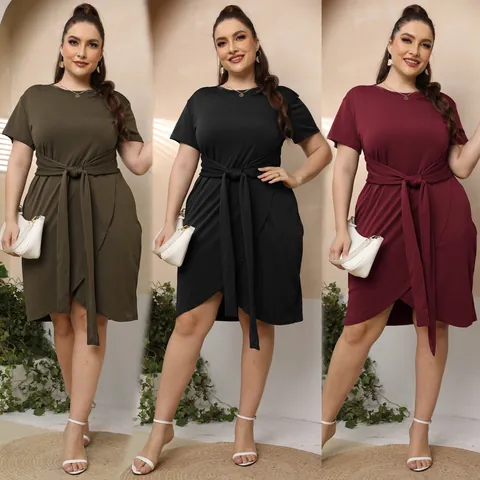 Robe Décontractée à Manches Courtes Grande Taille Couleur Unie Taille à Nouer Ourlet Croisé Irrégulier Col Rond Robe Midi