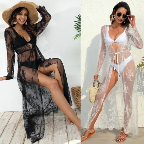 Women Lace Beach Cover Up Embroidered Sheer Long Sleeve Cardigan Tie Up Waist Vacation Sun Protection Top