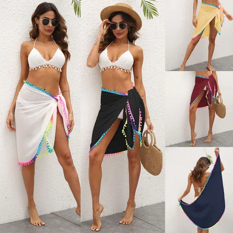 Women Polyester Beach Cover Up Sarong Irregular Wrap Skirt With Colorful Pom Pom Tassel Bohemian Vacation Swimwear Bottom