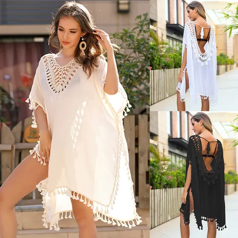Women Sexy Backless Beach Cover Up Dress Crochet Patchwork Tassel V Neck Side Slit Hollow Out Swimsuit Sun Protection
