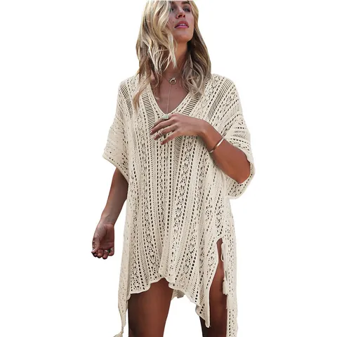 Women's Sexy V Neck Crochet Beach Cover Up Knitted Hollow Out Loose Bikini Coverup Tassel Summer Vacation Bathing Suit Top