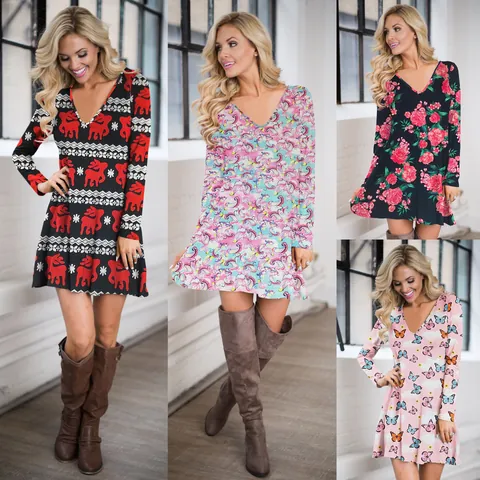 Vestido Mini de Mujer con Cuello en V Profundo Manga Larga Línea A Navidad Estampado de Reno Mariposa Floral Otoño Casual