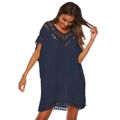 Vestido Salida de Baño Bohemio de Poliéster para Mujer Cuello en V Ganchillo Patchwork Calado Top Y Bottom con Borlas