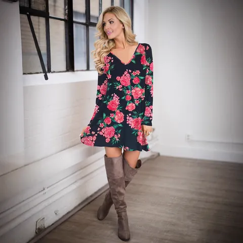 Vestido Mini de Mujer con Cuello en V Profundo Manga Larga Línea A Navidad Estampado de Reno Mariposa Floral Otoño Casual