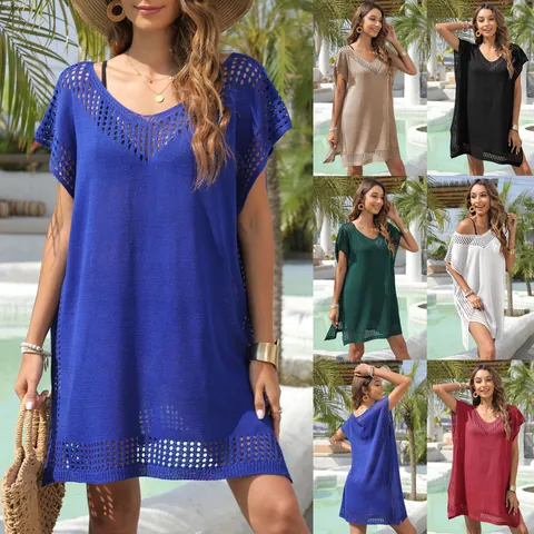 Women's Casual V-Neck Hollow-Out Knitted Beach Cover-Up Dress Loose Splicing Vacation Swimwear Coverup Kaftan Beach Skirt