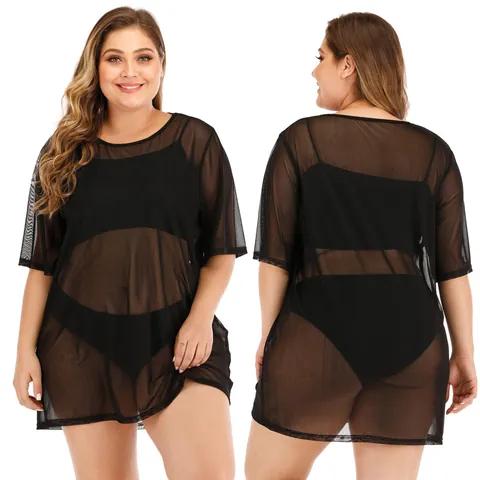 Plus Size Women Mesh See-Through Beach Dress Sexy Bikini Cover-Up Solid Color Knitted Beachwear Summer Vacation Dress