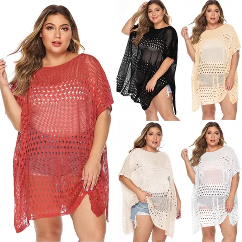 Salida de Playa Talla Grande Mujer Vestido de Ganchillo Transparente Manga Corta Túnica de Poliéster Verano Resort Top