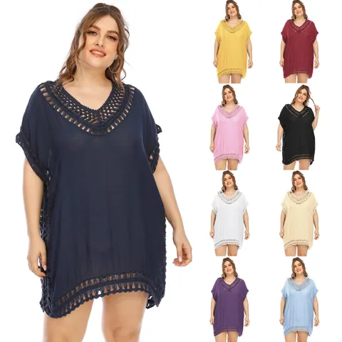 Women V Neck Hand Crochet Patchwork Beach Cover Up Sexy Hollow Out Loose Beachwear Dress Bohemian Tassel Summer Coverup